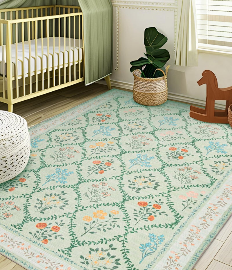 YIHOUSE 5x7 Washable Rug for Bedroom, Green Floral Rugs for Living Room Non Slip Ultra-Thin Large Boho Rug for Kids Playroom, Classroom, Girls Dorm, Nursery, Green Multi - Image 3