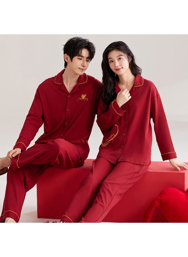 Autumn Cotton Couple Pajamas Set Large Red Loose-fit Long Sleeve Cardigan Lapel Homewear Suit For Men Women - Image 1
