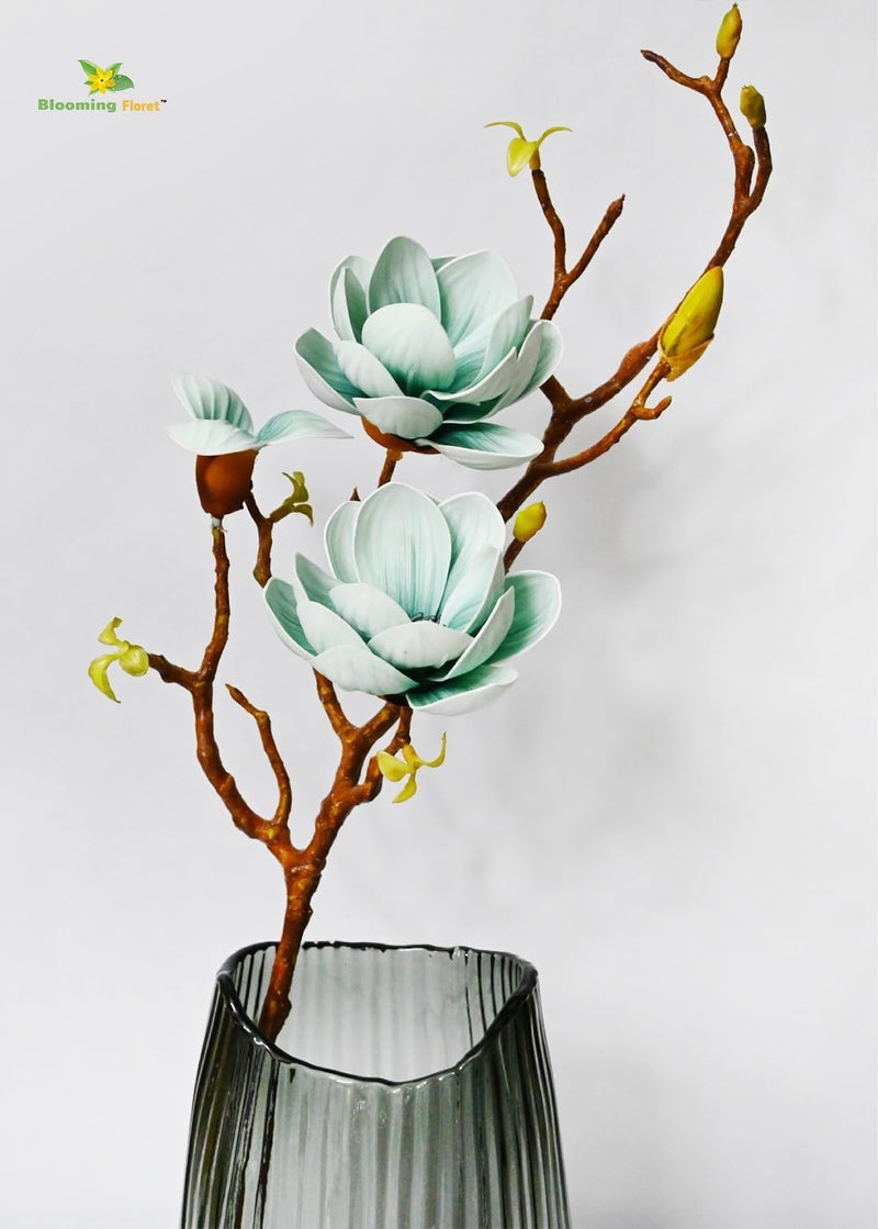 Blooming Floret Artificial Magnolia Ikebana Flower Stick - Realistic Faux Magnolia Stem for Home Decor, Office, Weddings, Gifting/Natural Looking Flower Stems 80 cm (Blue) - Image 1
