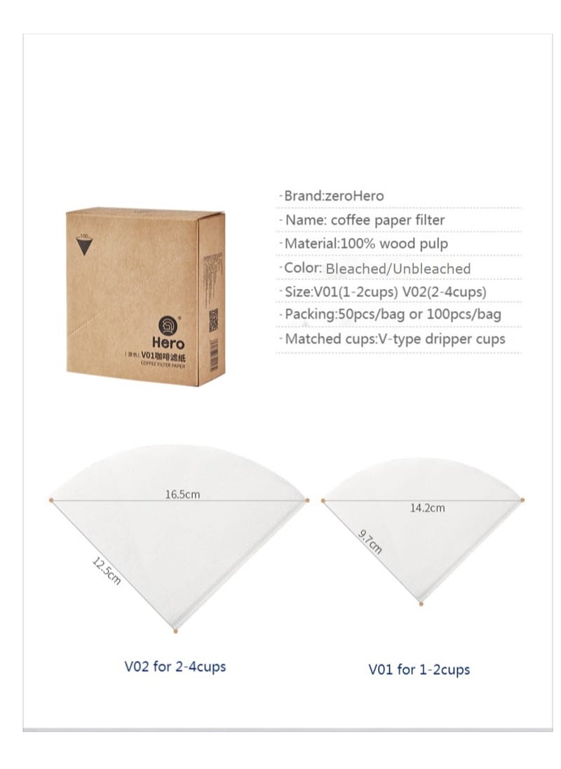 zeroHero V01 Coffee Filter Paper in White & Unbleached  V60 Model 100 Pieces , American Coffee Maker V-Shaped Filter ,Made of 100% Wood Pulp From Japan, 1-2 Cups ,Coffee Filter Paper Can be used in Home / Offices /Travel/Cafe .