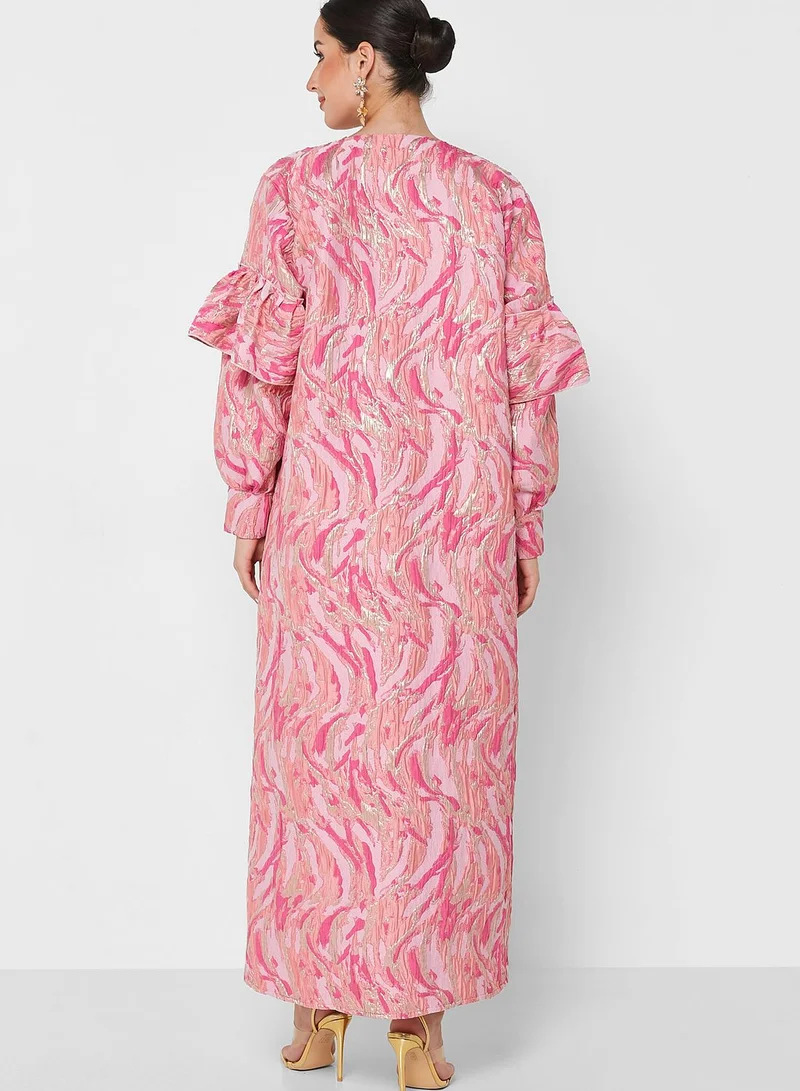 Khizana Plus size abstract print abaya with sheila