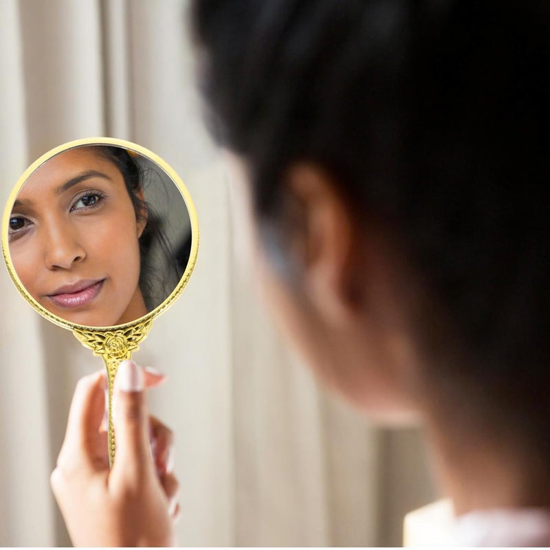 مرآة تجميلية محمولة عتيقة الطراز من GALPADA بمقبض وردي، مرآة دائرية صغيرة ومحمولة للمكياج للنساء، بتصميم رترو وبلون ذهبي. - Image 5