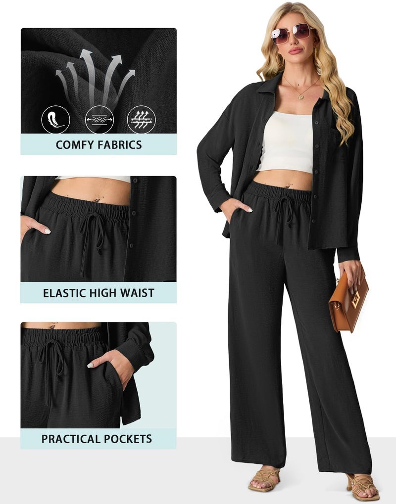 Lepunuo 2 Piece Outfits for Women Casual Lounge Sets Long Sleeve Button Down Shirts and Wide Leg Pants Sets Tracksuit - Image 2