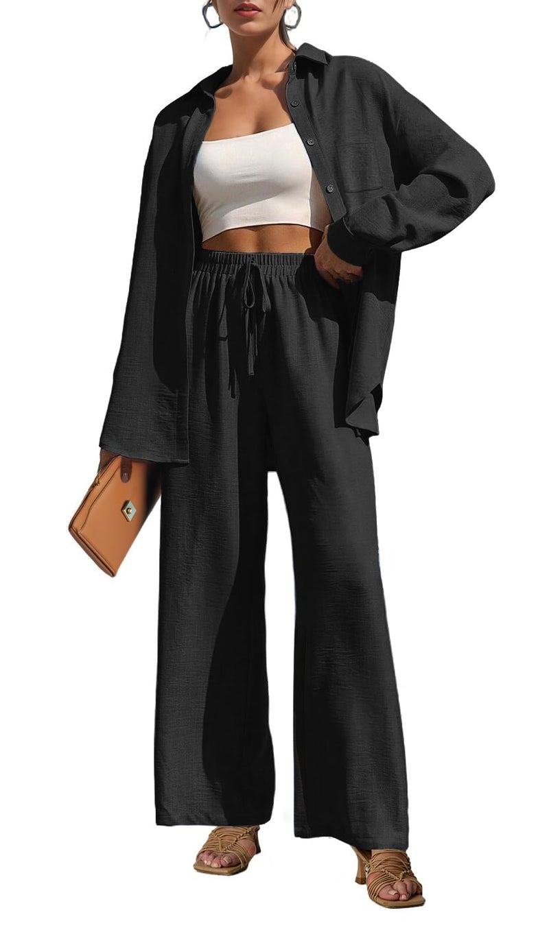 Lepunuo 2 Piece Outfits for Women Casual Lounge Sets Long Sleeve Button Down Shirts and Wide Leg Pants Sets Tracksuit - Image 1