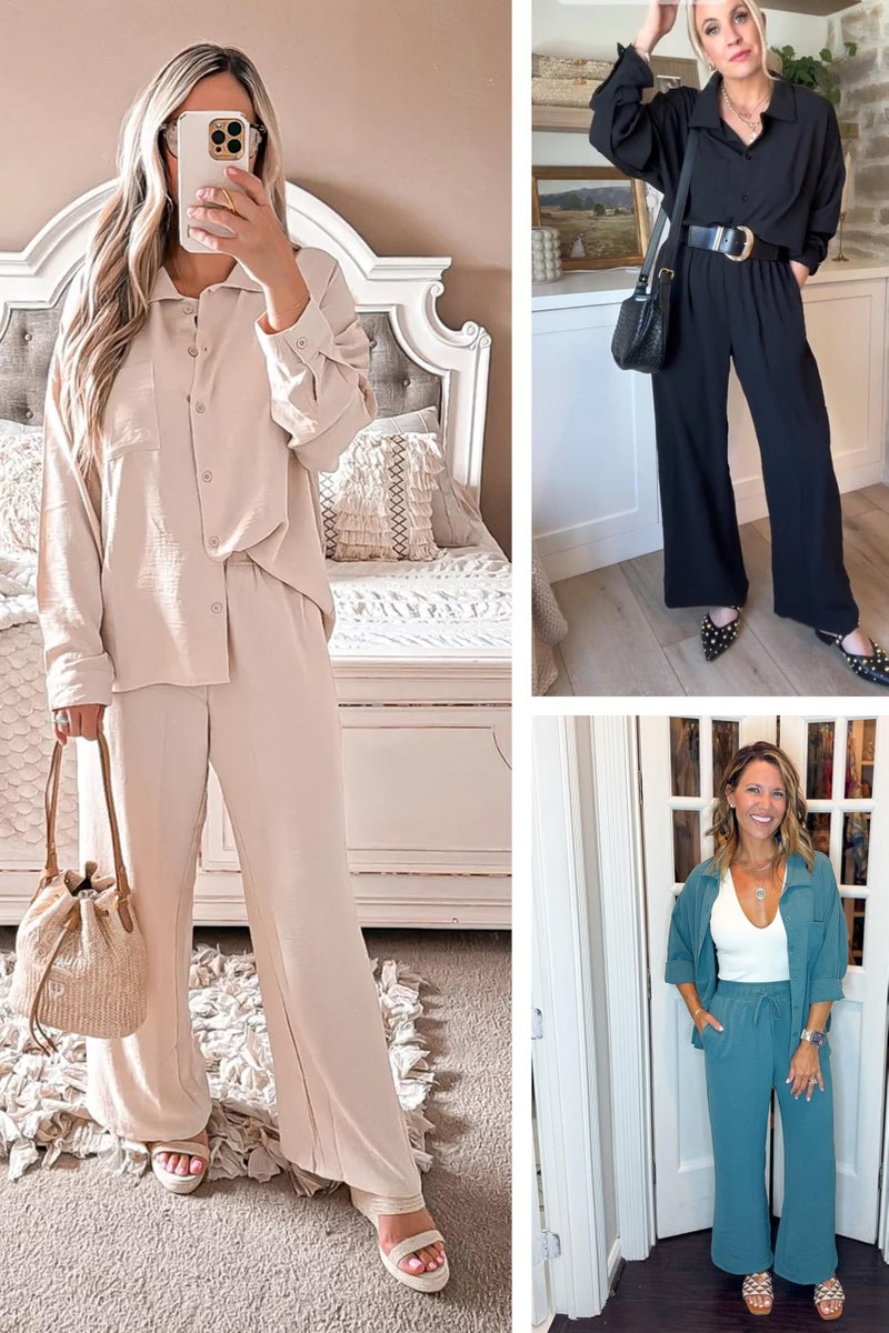 Lepunuo 2 Piece Outfits for Women Casual Lounge Sets Long Sleeve Button Down Shirts and Wide Leg Pants Sets Tracksuit - Image 3