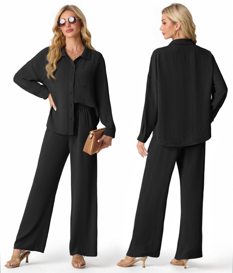 Lepunuo 2 Piece Outfits for Women Casual Lounge Sets Long Sleeve Button Down Shirts and Wide Leg Pants Sets Tracksuit - Image 5