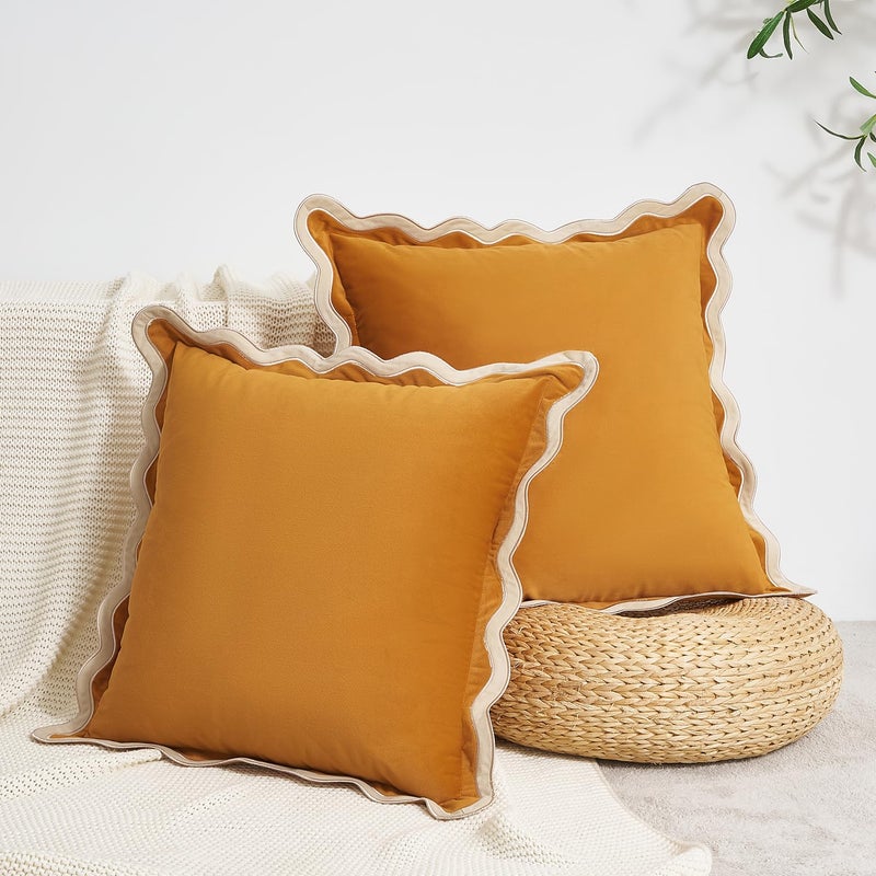 MONDAY MOOSE Decorative Throw Pillow Covers Cushion Cases, Set of 2 Soft Velvet Scalloped Wavy Edge Designs, Mix and Match for Home Decor, Pillow Inserts Not Included (20x20 inch, Cream/Honey) - Image 2