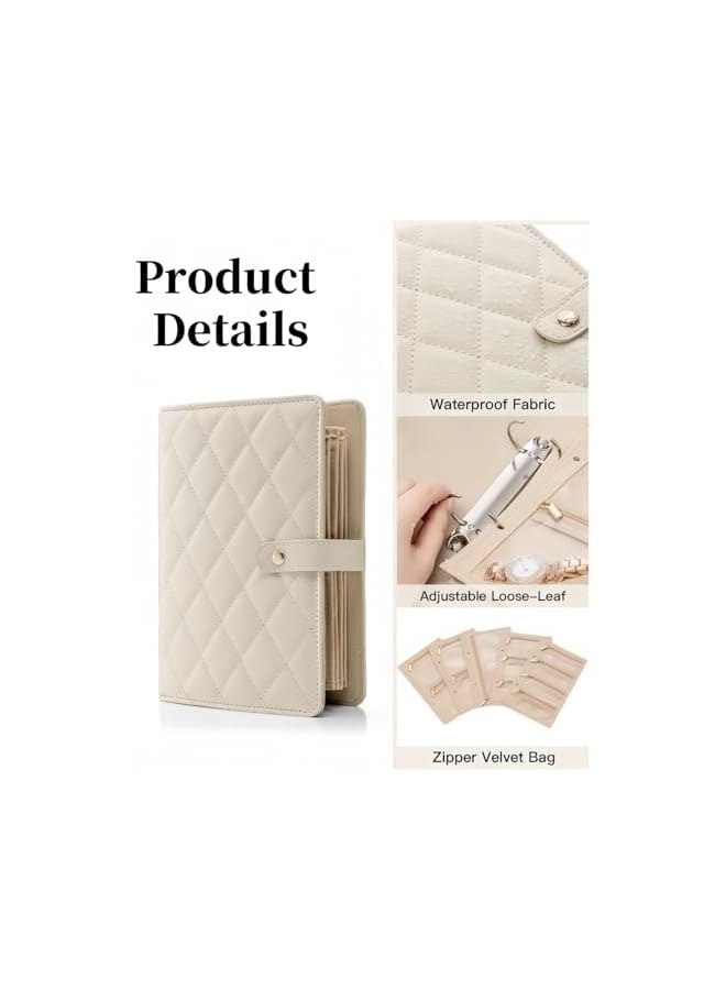 The Bros Travel Jewelry Storage Case, Ring Binder Organiser with Velvet Pouches, Cream White  - Image 3