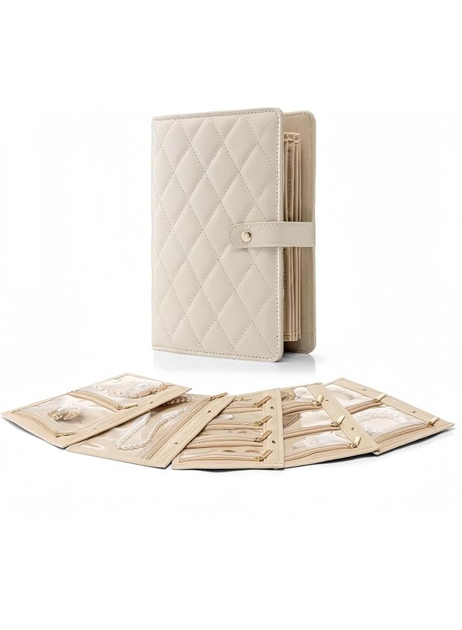 The Bros Travel Jewelry Storage Case, Ring Binder Organiser with Velvet Pouches, Cream White  - Image 1