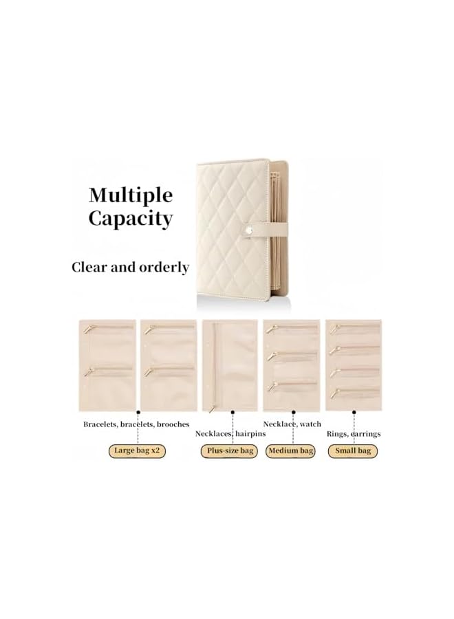 The Bros Travel Jewelry Storage Case, Ring Binder Organiser with Velvet Pouches, Cream White  - Image 5