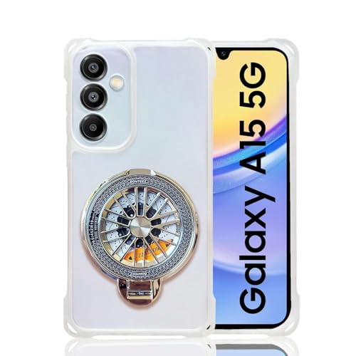 KC Back Cover for Samsung Galaxy A15 5G - 3D Four Corner Shockproof Silver Spinning Wheel Kickstand Holder Soft Silicone with Camera Protection (Transparent) - Image 1