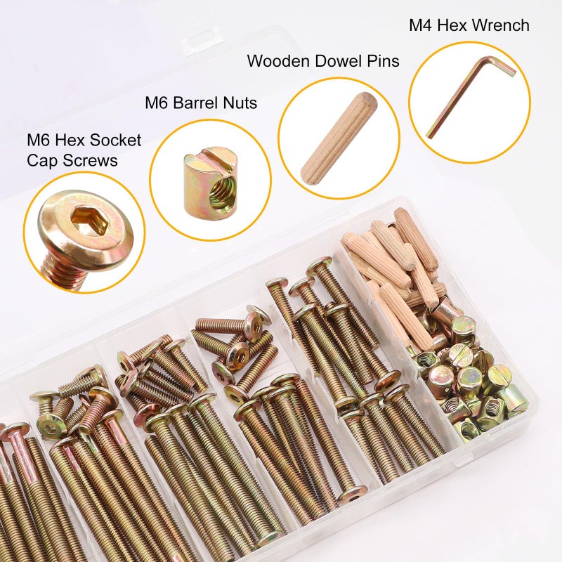 weideer 122PCS Crib Screws and Nuts Kit, Furniture Bolts M6x16/20/25/30/40/50/60/70/80mm,Barrel Nuts Wooden Dowel Pins Hex Drive Socket Cap Screws Kit for Beds Chairs Furniture K-195 - Image 3