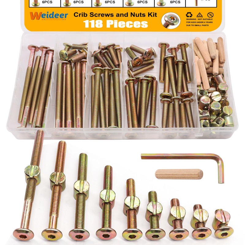 weideer 122PCS Crib Screws and Nuts Kit, Furniture Bolts M6x16/20/25/30/40/50/60/70/80mm,Barrel Nuts Wooden Dowel Pins Hex Drive Socket Cap Screws Kit for Beds Chairs Furniture K-195 - Image 1