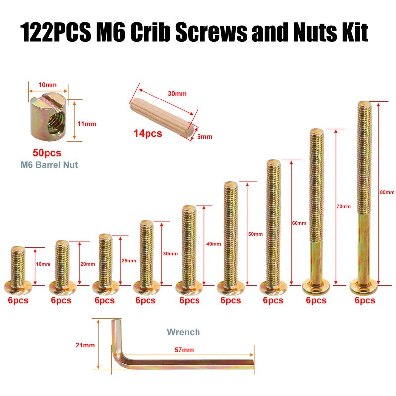 weideer 122PCS Crib Screws and Nuts Kit, Furniture Bolts M6x16/20/25/30/40/50/60/70/80mm,Barrel Nuts Wooden Dowel Pins Hex Drive Socket Cap Screws Kit for Beds Chairs Furniture K-195 - Image 2