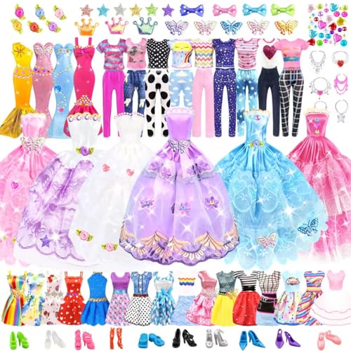 VLUSSO 75Pcs Doll Clothes and Accessories Fashion Design kit for 11.5 Inch Doll Dress Up Including 2 Wedding Gown Dresses 1 Fashion Dress 2 Party Dress 8 Mini Dresses 3 Tops and Pants 10 Shoes 6 Necklaces - Image 1