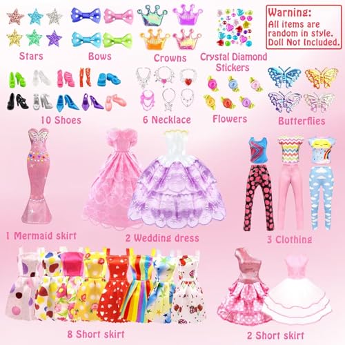 VLUSSO 75Pcs Doll Clothes and Accessories Fashion Design kit for 11.5 Inch Doll Dress Up Including 2 Wedding Gown Dresses 1 Fashion Dress 2 Party Dress 8 Mini Dresses 3 Tops and Pants 10 Shoes 6 Necklaces - Image 2
