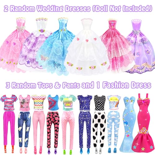 VLUSSO 75Pcs Doll Clothes and Accessories Fashion Design kit for 11.5 Inch Doll Dress Up Including 2 Wedding Gown Dresses 1 Fashion Dress 2 Party Dress 8 Mini Dresses 3 Tops and Pants 10 Shoes 6 Necklaces - Image 3