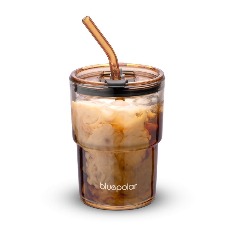 كوب زجاجي بغطاء وقشة من BLUEPOLAR سعة 13 أونصة (400 مل) مع جدار سميك لكوب القهوة المثلجة، كوب زجاجي للماء، الشاي المثلج، عصير الفواكه، إلخ، لون كهرماني