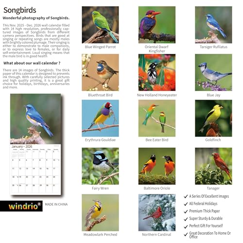 windrio 2026 Wall Calendar,Calendar 2026, November 2025 - December 2026, Wall Calendar Song Birds, 12" x 24" Opened,Full Page Months Thick & Sturdy Paper for Calendar Organizing & Planning - Image 2