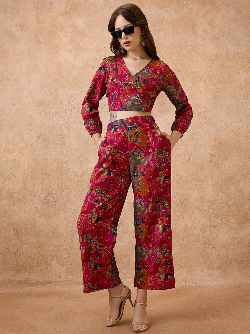 globus Women V-Neck Floral Print Crop Top With Wide Leg Pants Fusion Co-Ord Set