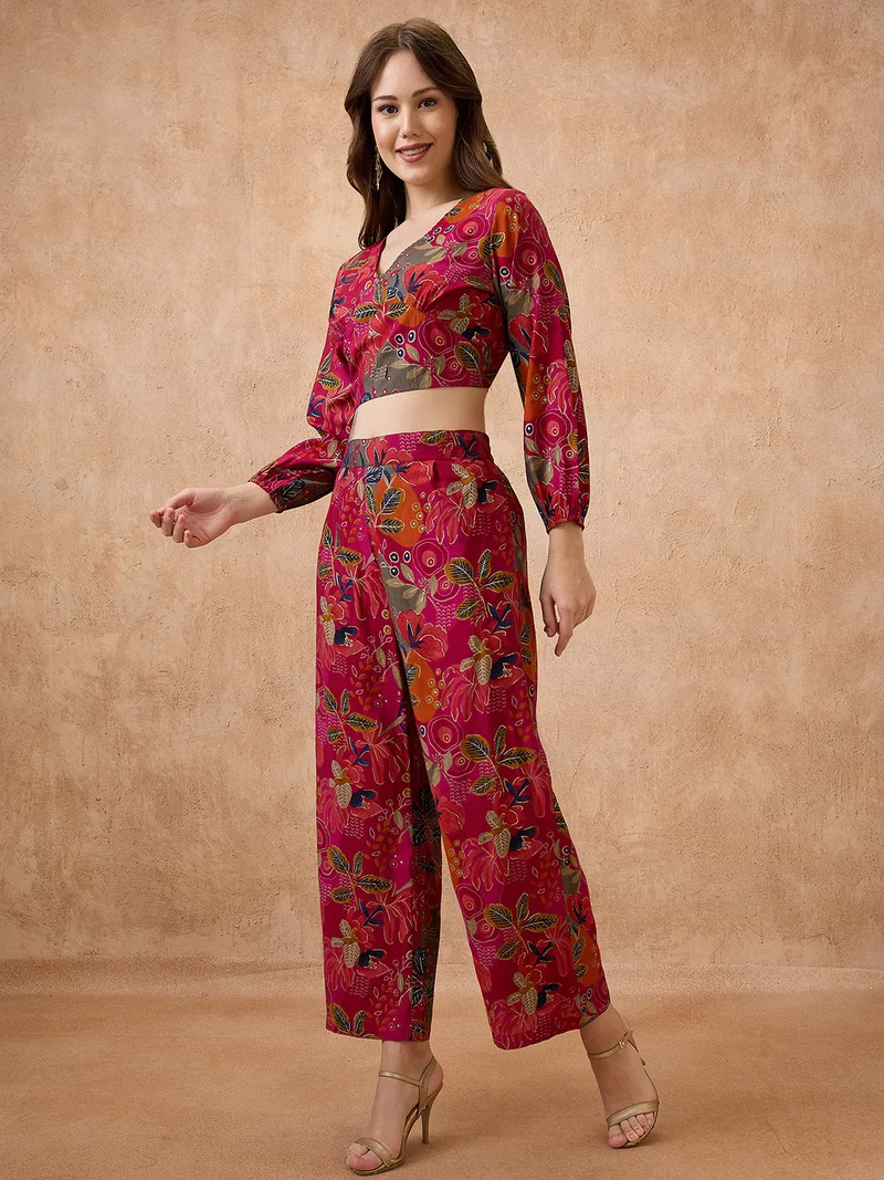 globus Women V-Neck Floral Print Crop Top With Wide Leg Pants Fusion Co-Ord Set