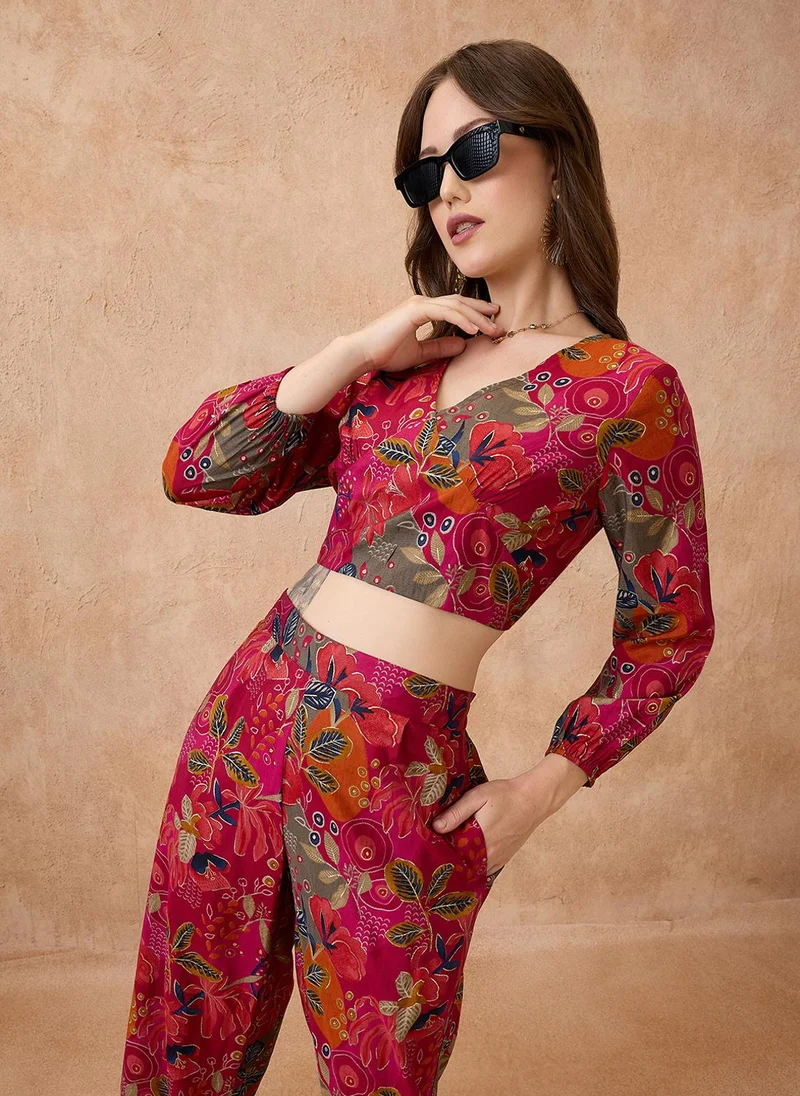 globus Globus Women V-Neck Floral Print Crop Top With Wide Leg Pants Fusion Co-Ord Set
