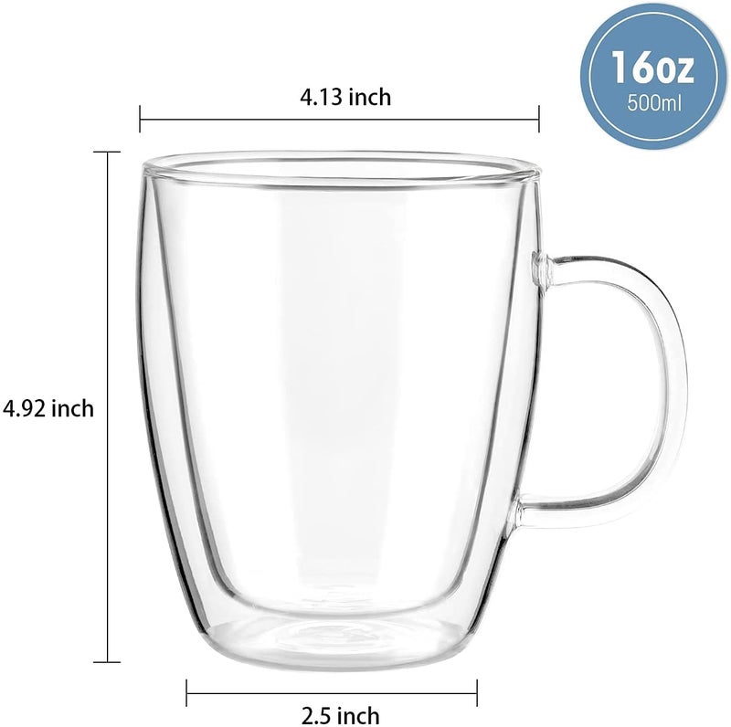 FS COOL Double Wall Glass Coffee Mugs 500ml Clear Heat Resistant Cups with Handle Insulated Cups for Coffee Cappuccino Tea Latte Set of 1 - Image 2