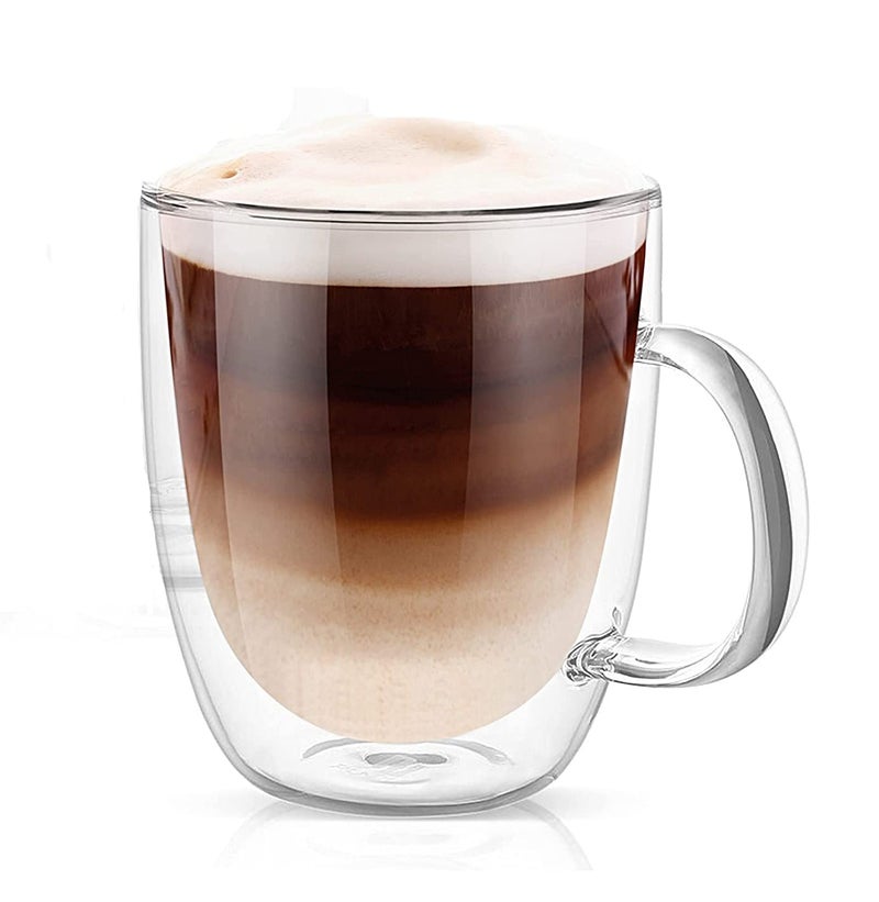 FS COOL Double Wall Glass Coffee Mugs 500ml Clear Heat Resistant Cups with Handle Insulated Cups for Coffee Cappuccino Tea Latte Set of 1 - Image 1
