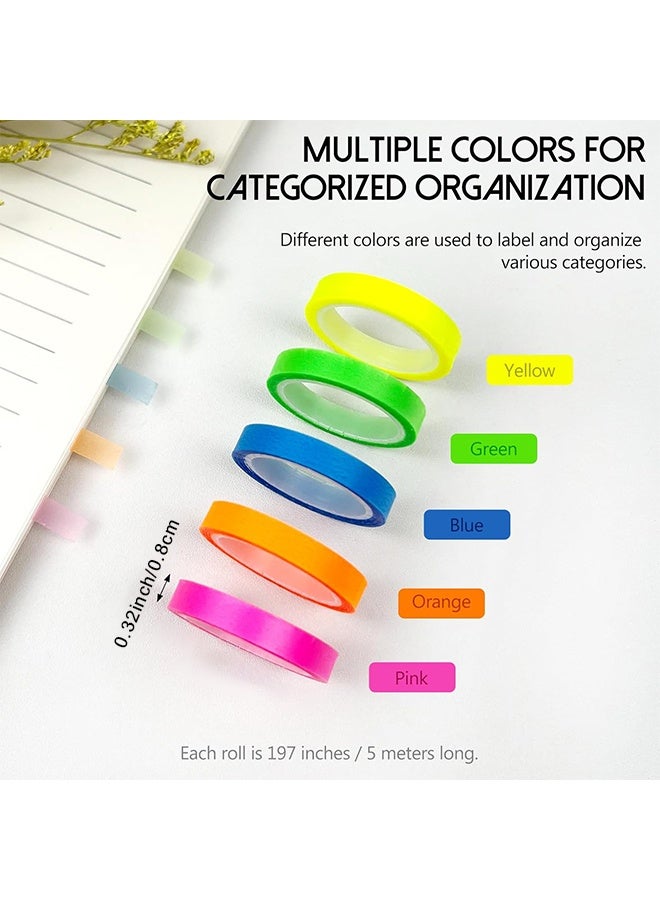 5 لفائف شرائط تمييز، شرائط ملونة، شرائط قابلة للإزالة، 0.32 بوصة × 16.4 قدم شريط شفاف ملون فلوري، شرائط تمييز قابلة للإزالة للقراءة وتدوين الملاحظات في الصف أو المنزل أو المكتب - Image 2