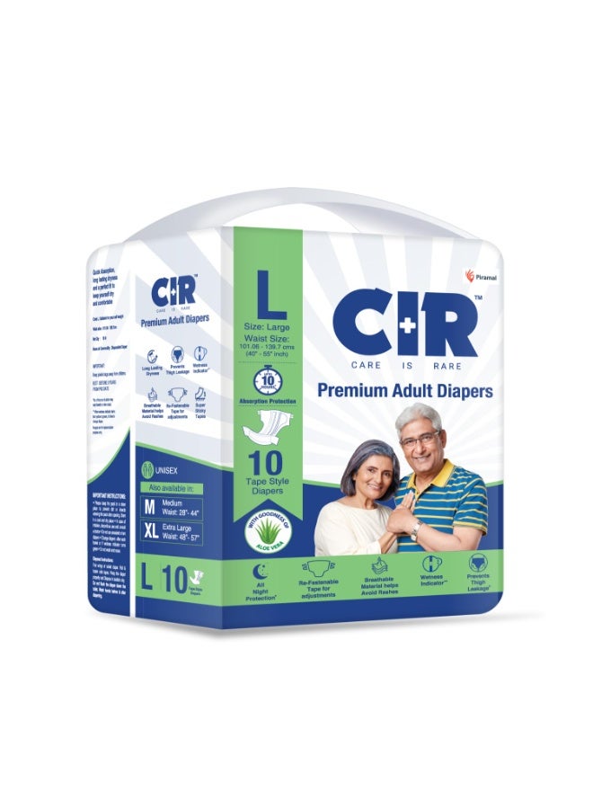 CIR Unisex Premium Adult Diaper-Tape Style All Night Protection With Aloe Vera Large(L) Size  10 Units (Pack of 2)