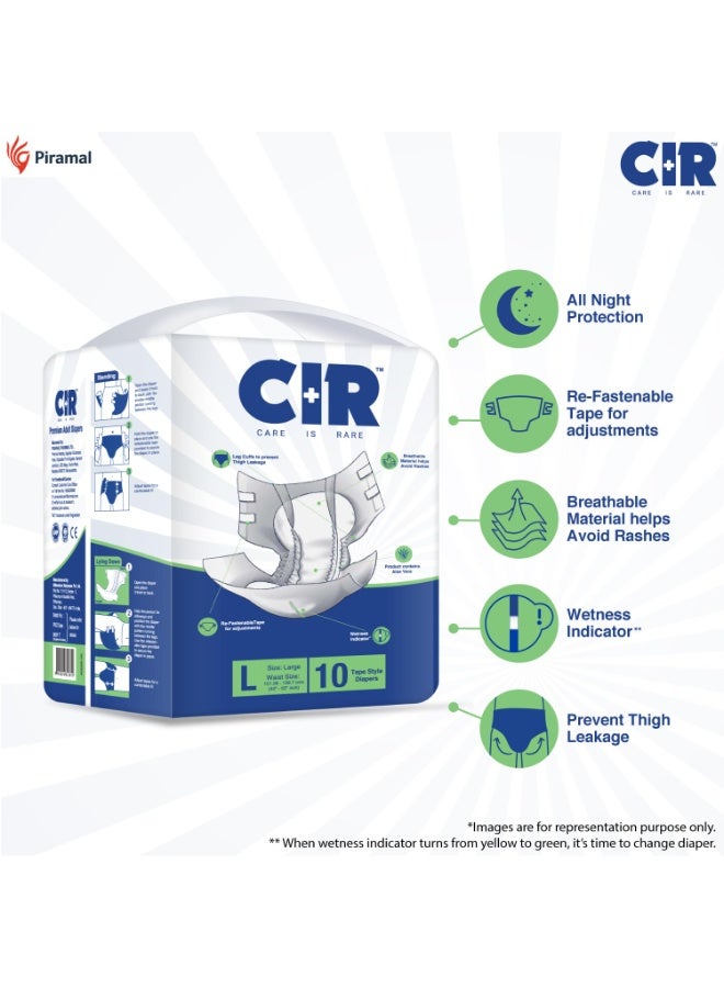 حفاضات CIR للجنسين، فاخرة، للبالغين، بتصميم شريط لاصق، توفر حماية طوال الليل مع خلاصة الصبار، حجم كبير (L)، 10 وحدات - Image 2