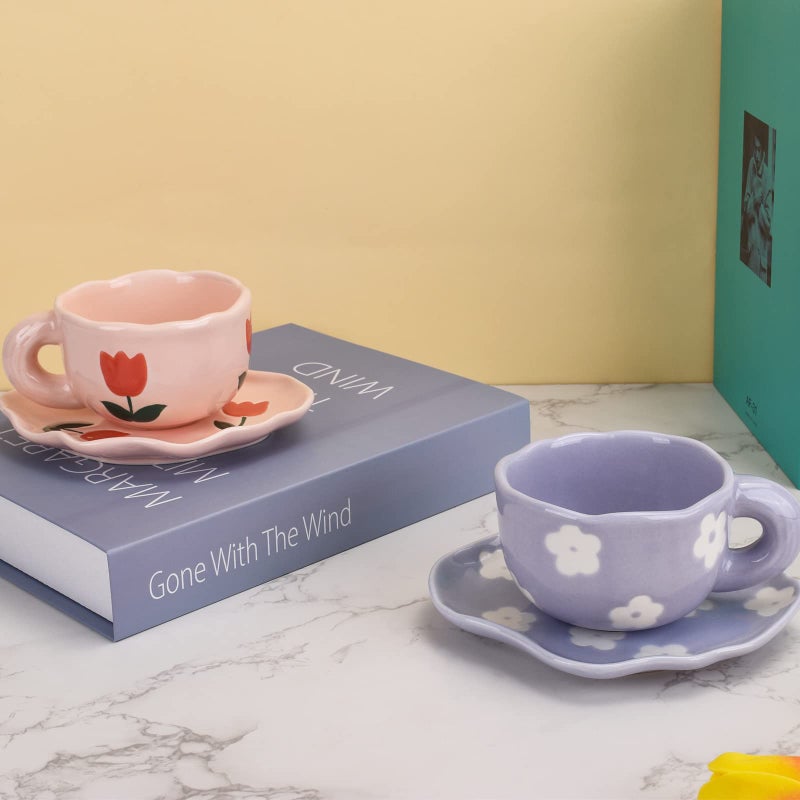 Koythin Ceramic Coffee Mug With Saucer Set  Cute Creative Cup Unique Irregular Saucer Design For Office And Home  Dishwasher And Microwave Safe  6 Oz/180 Ml For Latte Tea Milk (Pink Tulips) - Image 5