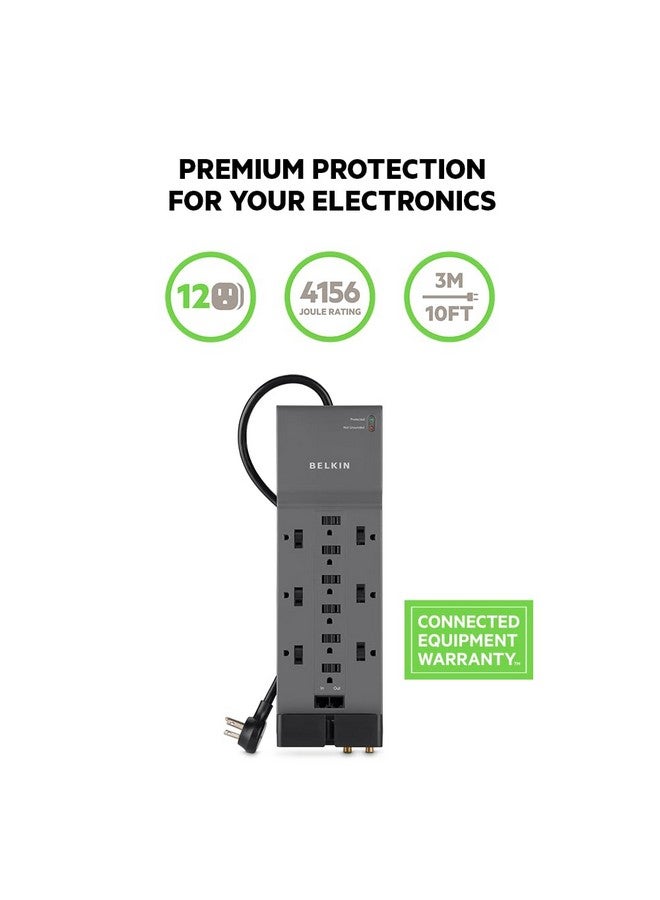 belkin Belkin 12-Outlet Power Strip Surge Protector with 10-Foot Cord and Telephone, Ethernet, Coaxial Protection, BE112234-10, Gray -(Pack of 3)  - Image 1