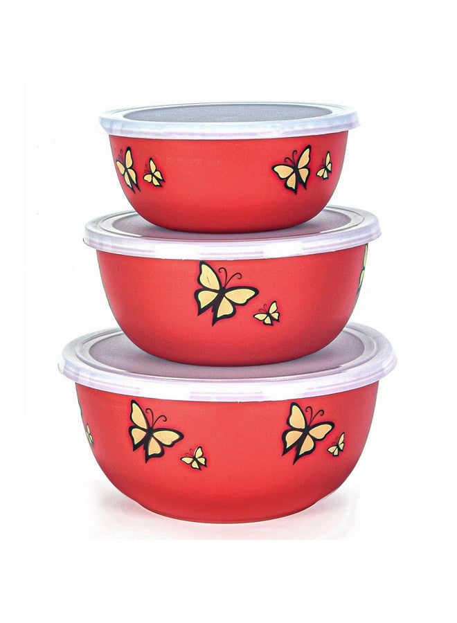 Zaib Stainless Steel Micrwoave Safe Euro Mixing Bowl with lid for kitchen | Food Storage Container (Printed Red Butterfly 3) - Image 1