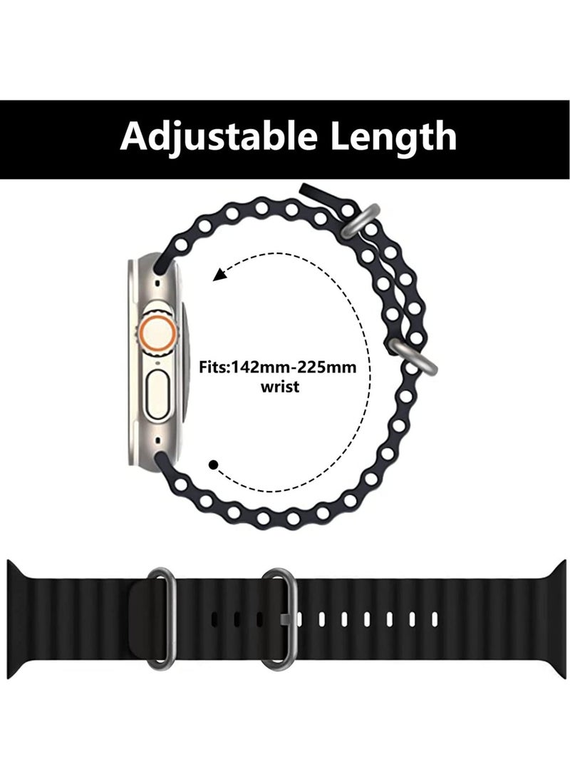 BGM for Apple Watch Band Strap 42mm 44mm 45mm 49mm Ocean Soft Silicone Wristband Sport Replacement Bands with Adjustable Stainless Steel Buckle for iWatch Ultra Series 8 7 SE 6 5 4 3 2 1（Black） - Image 3
