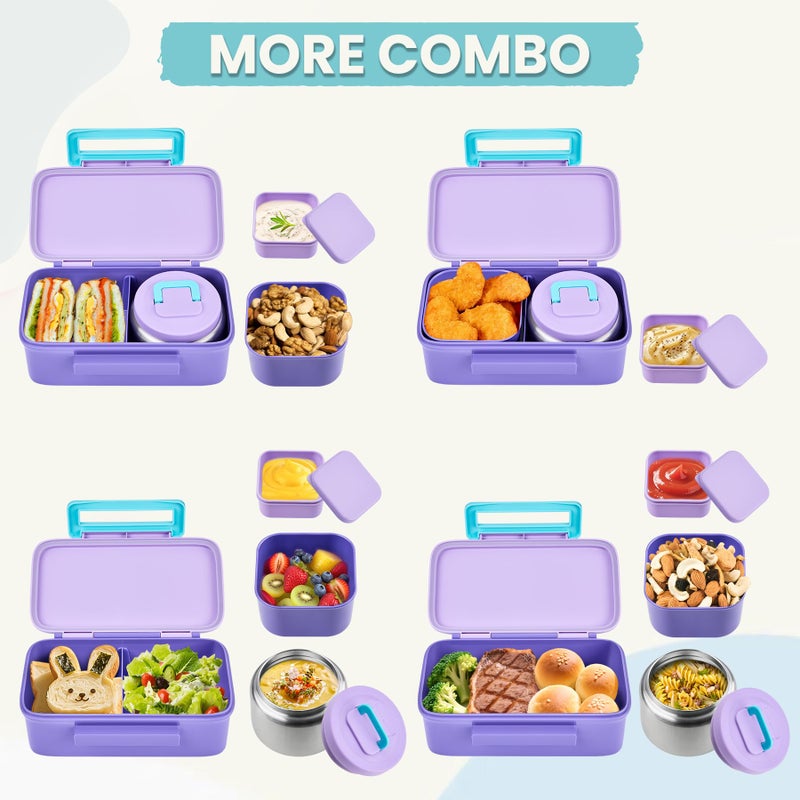 PIQUEBAR Kids Lunch Box with 8oz Thermo, Leakproof Bento Box with Insulated Bag, Kids Insulated Water Bottle, Food Lunch Container for Back to School Girls Boys, Purple - Image 3