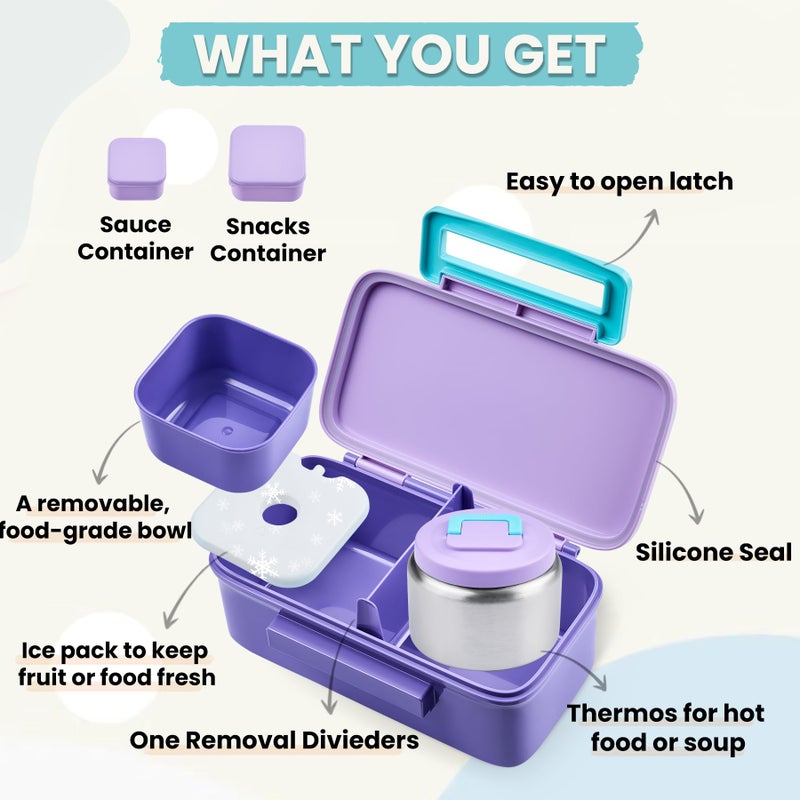 PIQUEBAR Kids Lunch Box with 8oz Thermo, Leakproof Bento Box with Insulated Bag, Kids Insulated Water Bottle, Food Lunch Container for Back to School Girls Boys, Purple - Image 2