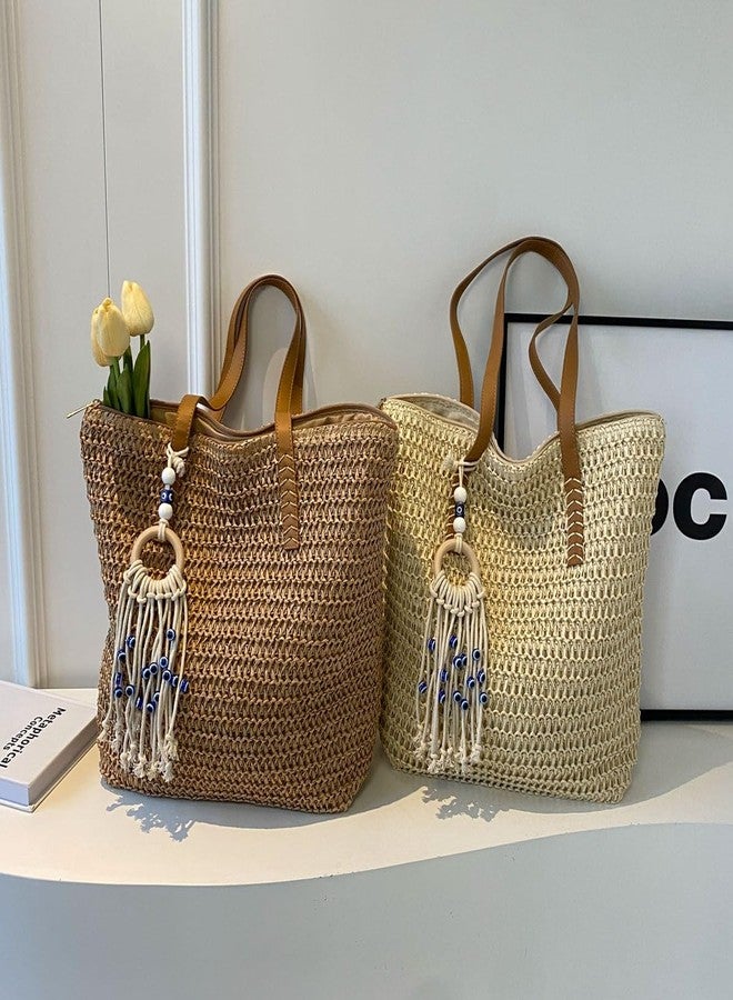 KARRESLY Straw Beach Bag for Women Woven Structured Tote Bag Summer Large Rattan bag(Beige) - Image 3