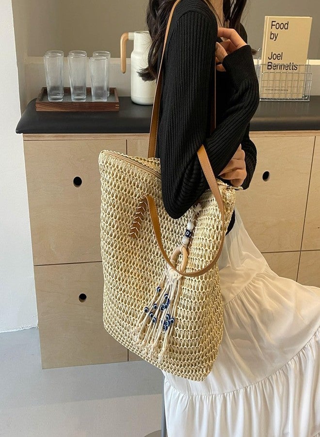 KARRESLY Straw Beach Bag for Women Woven Structured Tote Bag Summer Large Rattan bag(Beige) - Image 2