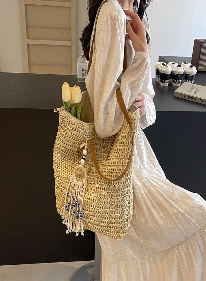 KARRESLY Straw Beach Bag for Women Woven Structured Tote Bag Summer Large Rattan bag(Beige) - Image 4