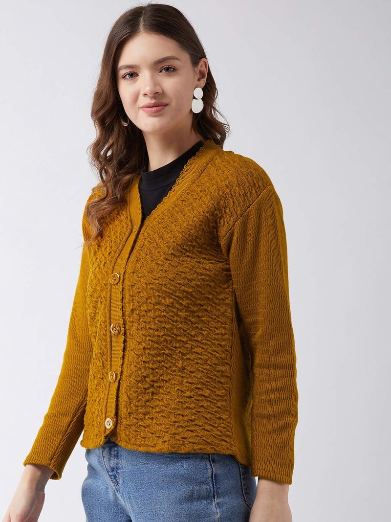 Pivl Self Design V Neck Casual Women Sweater/Cardigan for Winter (XXL, Mustard) - Image 3