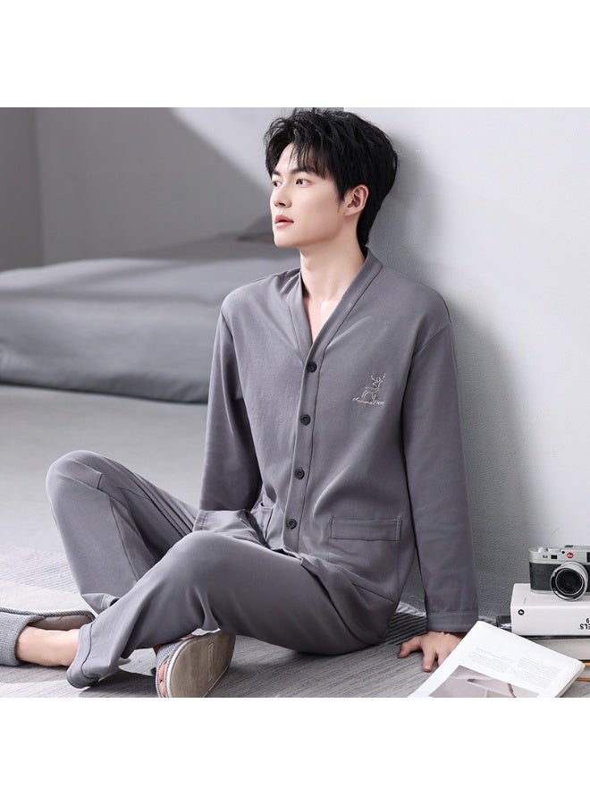 Men's Full Cotton V-Neck Cardigan Pajamas Solid Sleepwear Spring Autumn Casual Comfortable Pajamas for Men Big Yards Pajama Sets - Image 1
