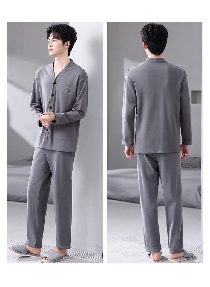 Men's Full Cotton V-Neck Cardigan Pajamas Solid Sleepwear Spring Autumn Casual Comfortable Pajamas for Men Big Yards Pajama Sets - Image 2
