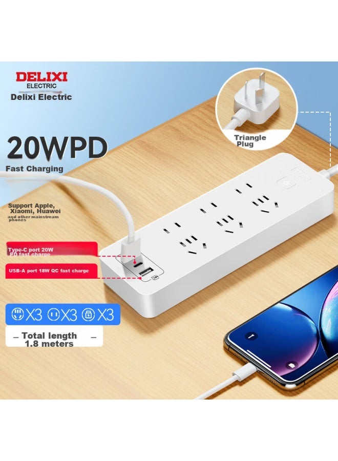 Delixi 20w Pd Fast Charging Power Strip/extension Cord/power Bar With Type-c Port + Usb Port + 6 Outlets, 1.8 Meters Long, Cd98e-u - Image 1