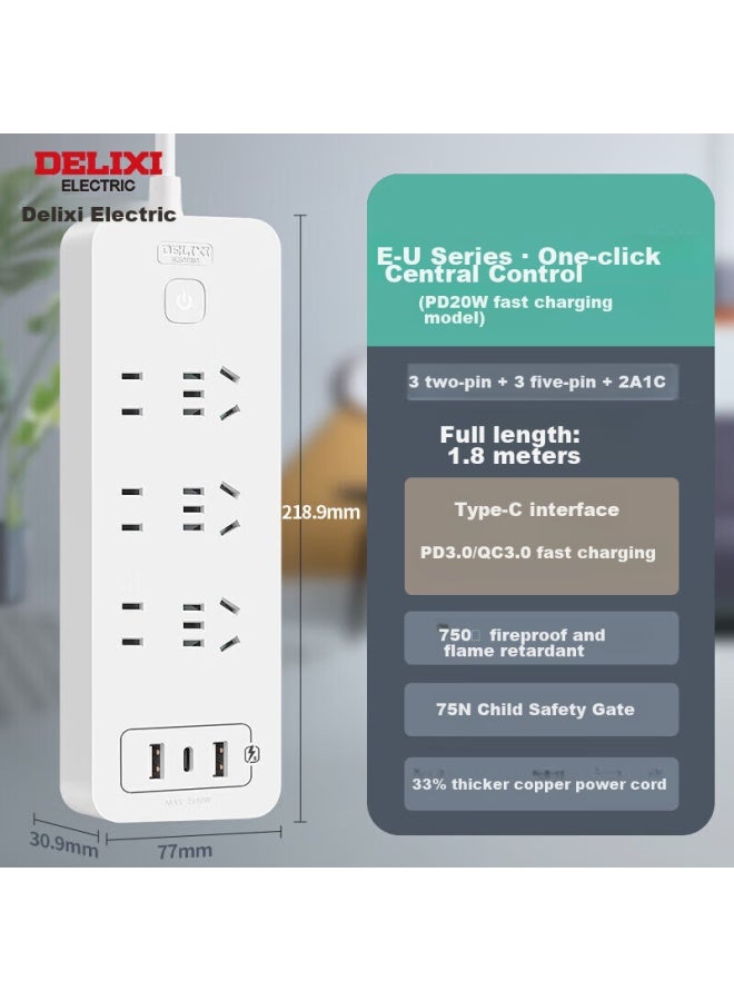Delixi 20w Pd Fast Charging Power Strip/extension Cord/power Bar With Type-c Port + Usb Port + 6 Outlets, 1.8 Meters Long, Cd98e-u - Image 4