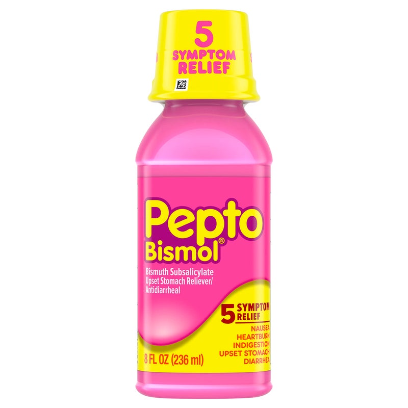 Pepto Bismol Liquid, Upset Stomach Relief, Nausea Relief, Heartburn Relief, Indigestion Relief, Anti Diarrhea Medication for Adults - 5 Symptom Fast Relief, 8 oz (Packaging May Vary)