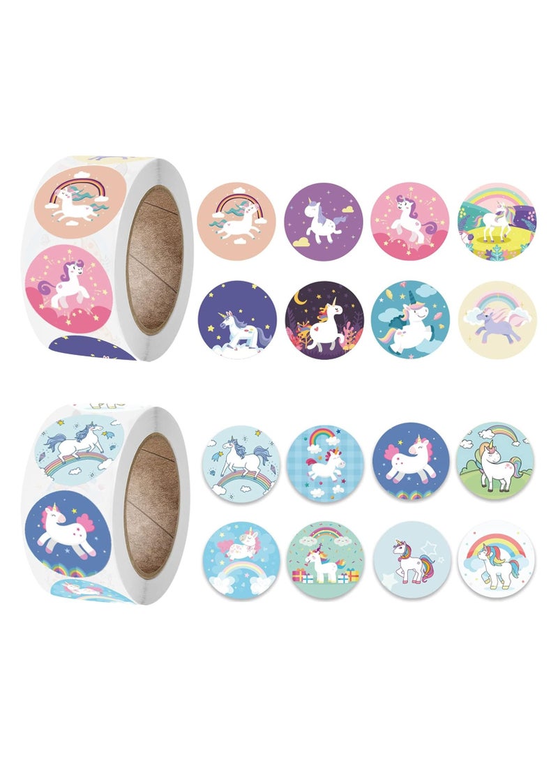 قوس قزح أورينبو 1000 ملصق يونيكورن للأطفال 2.5 سم لاصق ذاتي، ملصقات يونيكورن كيوت لتزيين الأعمال اليدوية، ملصقات للحرف المدرسية، حفلات أعياد الميلاد، زينة الهدايا، 2 لفة بـ 16 تصميم - Image 1