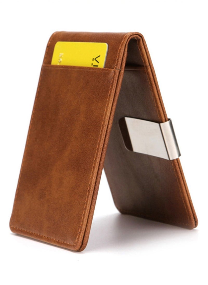 NOVOLAN NOVOLAN Money Clip Wallet Convenient Money Clip Men's Pu Wallet Stainless Steel Short Dollar Clip Rfid Anti-Theft Wallet, Multiple Card Slots Compact Size Stylish Easy Access Great Gift Idea (brown)  - Image 1