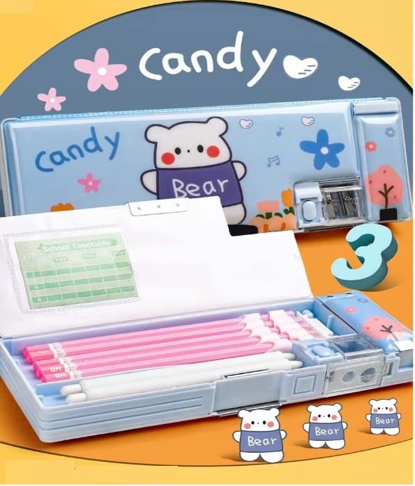 TEMSON Magnetic Pencil Case with Sharpener – Cartoon Themed Luxury Pencil Box for Kids – Stationary Organizer Pencil Box for Girls, Kids, Boys (Bear - Blue)(KBX-7070) - Image 1