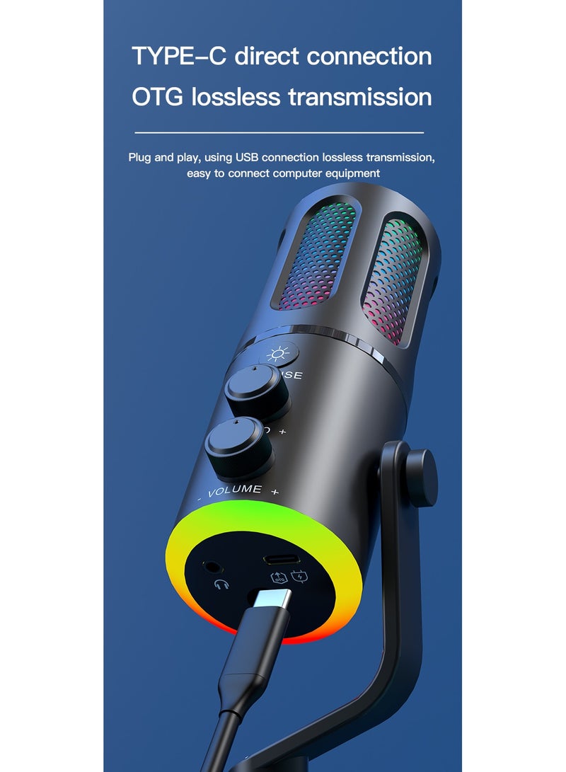 Professional Gaming Microphone with Stand RGB USB Wired Condenser Mic for PC Laptop Streaming Podcast Karaoke - Image 4